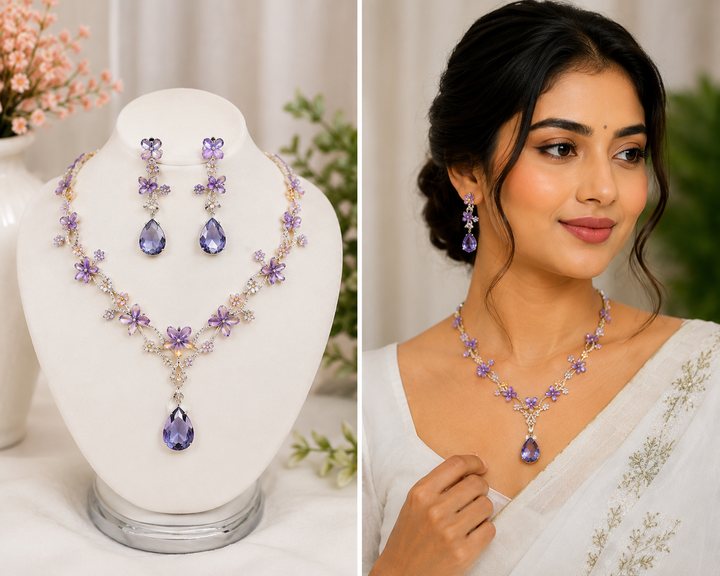 VS-50 Purple Floral Necklace & Earring Combo Set