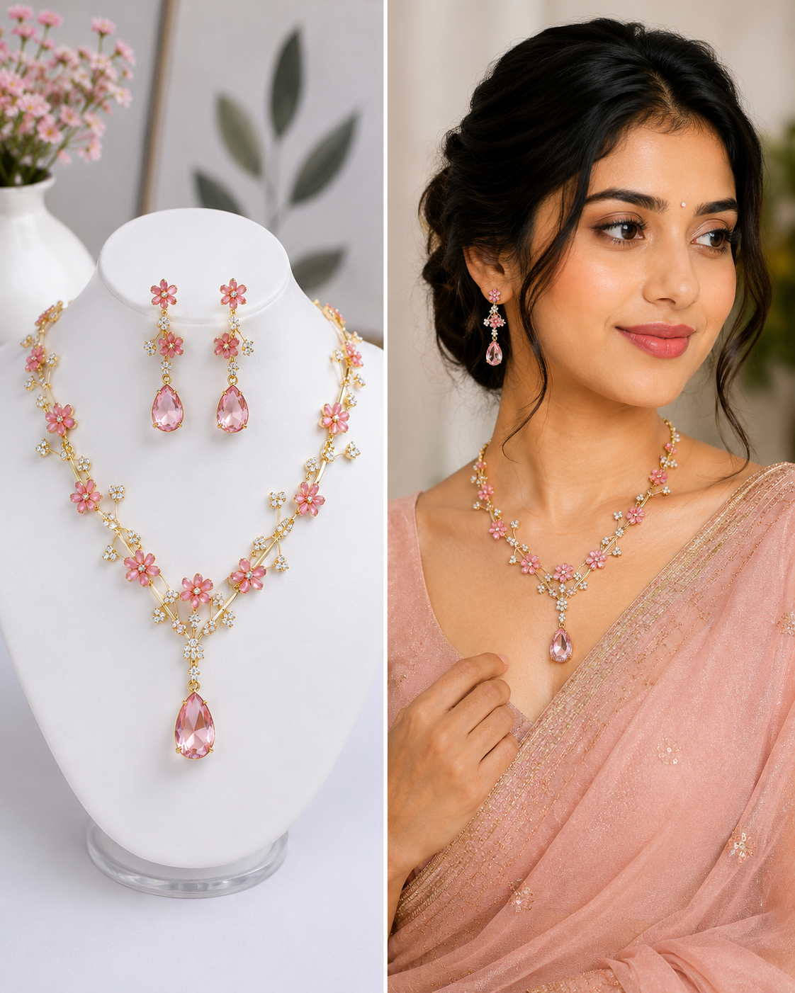 VS-51 Pink Floral Necklace & Earring Combo Set