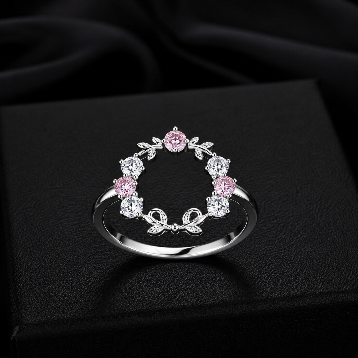 vs-130 Silver Pink Crystal Floral Ring