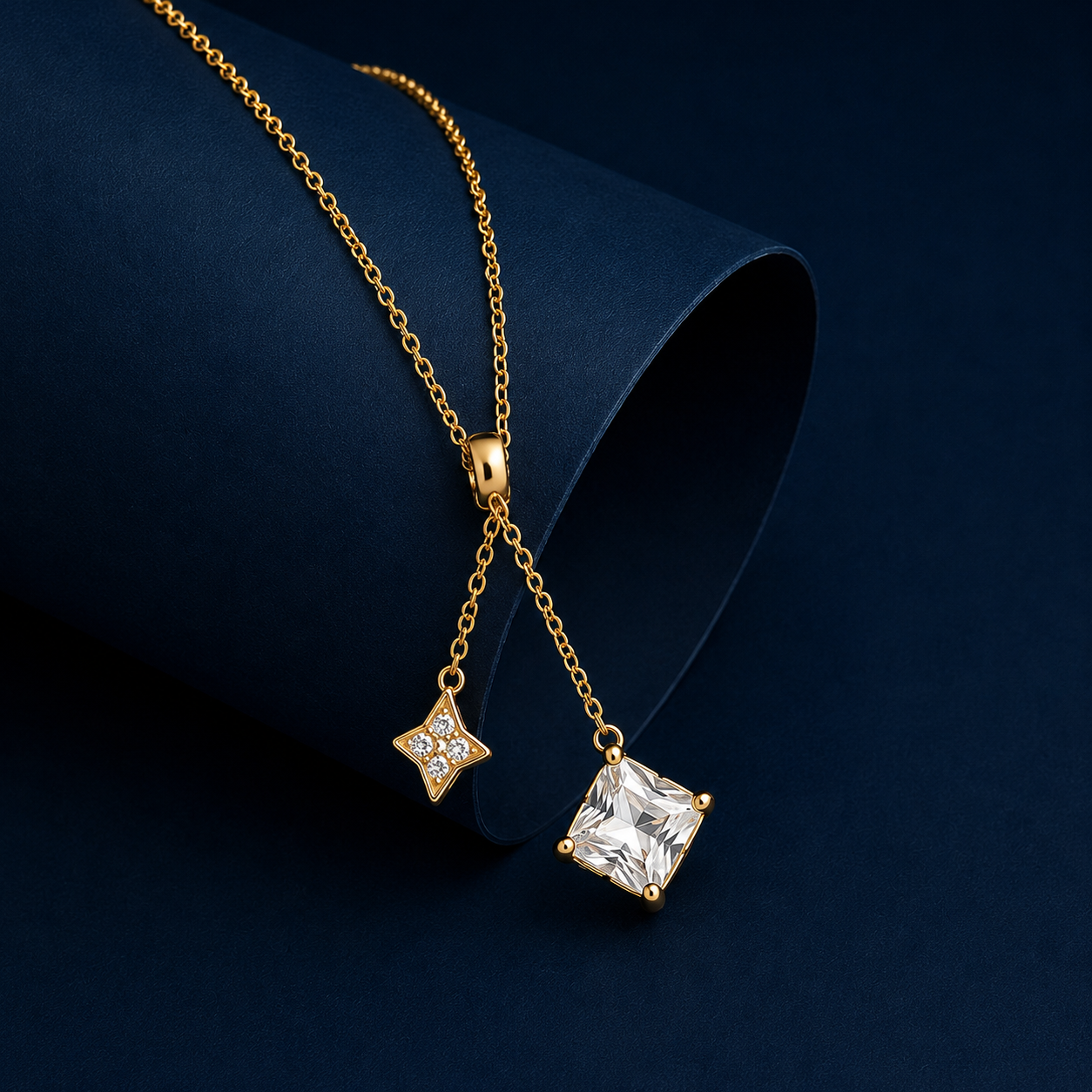 vs37 Golden Star & Square Crystal Pendant Necklace
