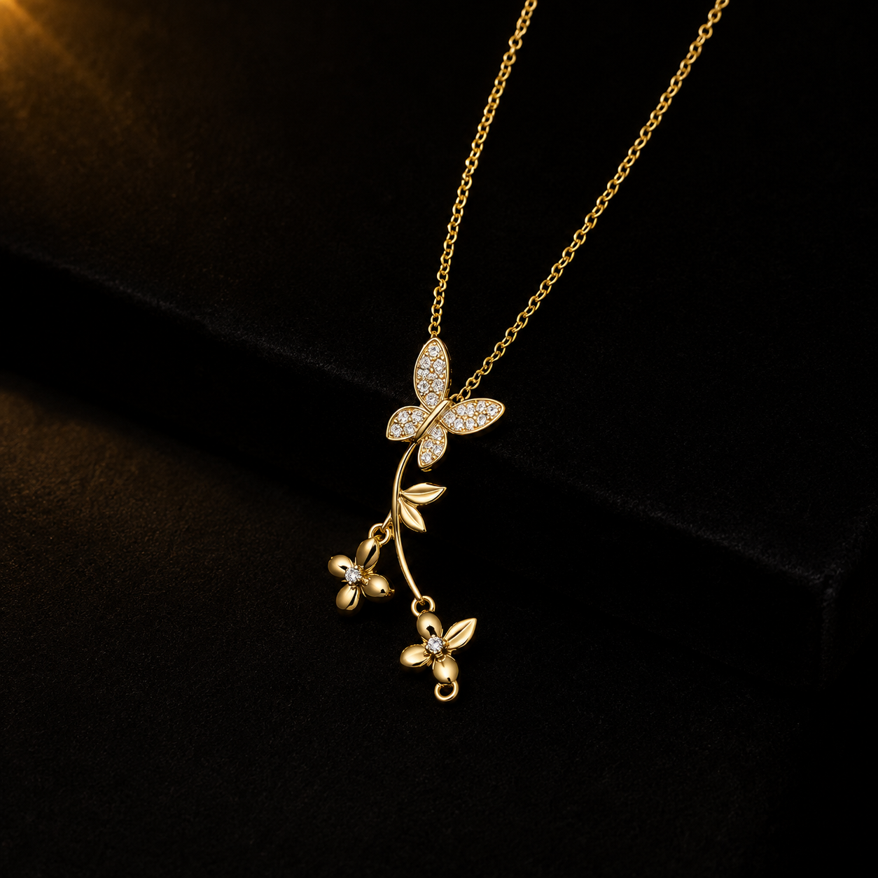 vs39 Golden Butterfly Floral Crystal Necklace