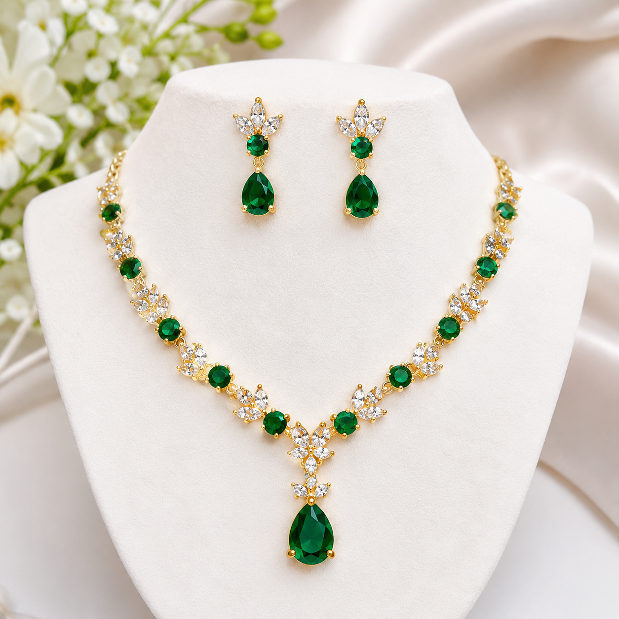 vs52 Golden Emerald Crystal Necklace & Earring Combo Set