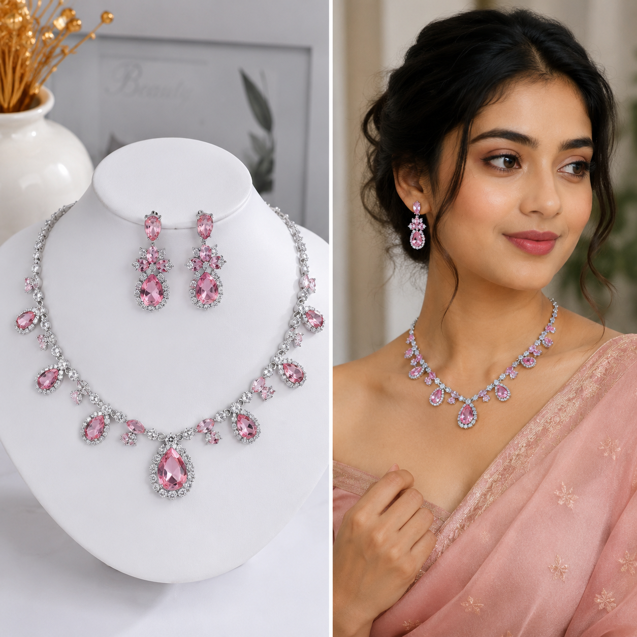vs53 Silver Pink Crystal Necklace & Earring Combo Set