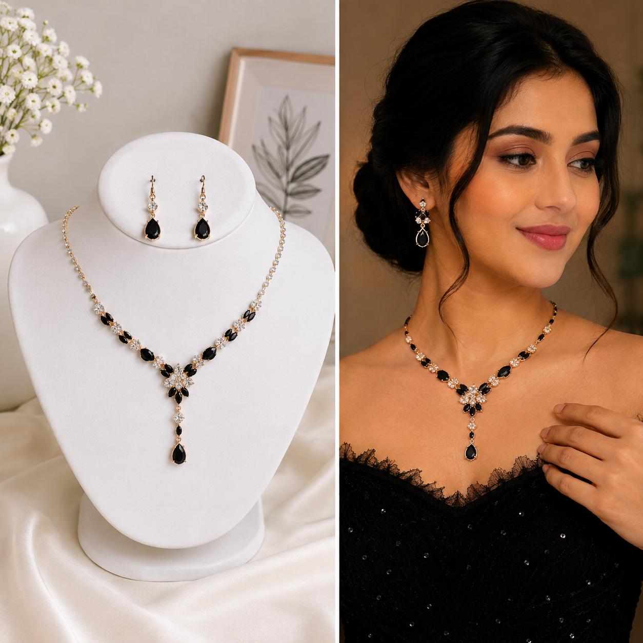 vs56 Black Crystal Y-Drop Necklace & Earring Combo Set