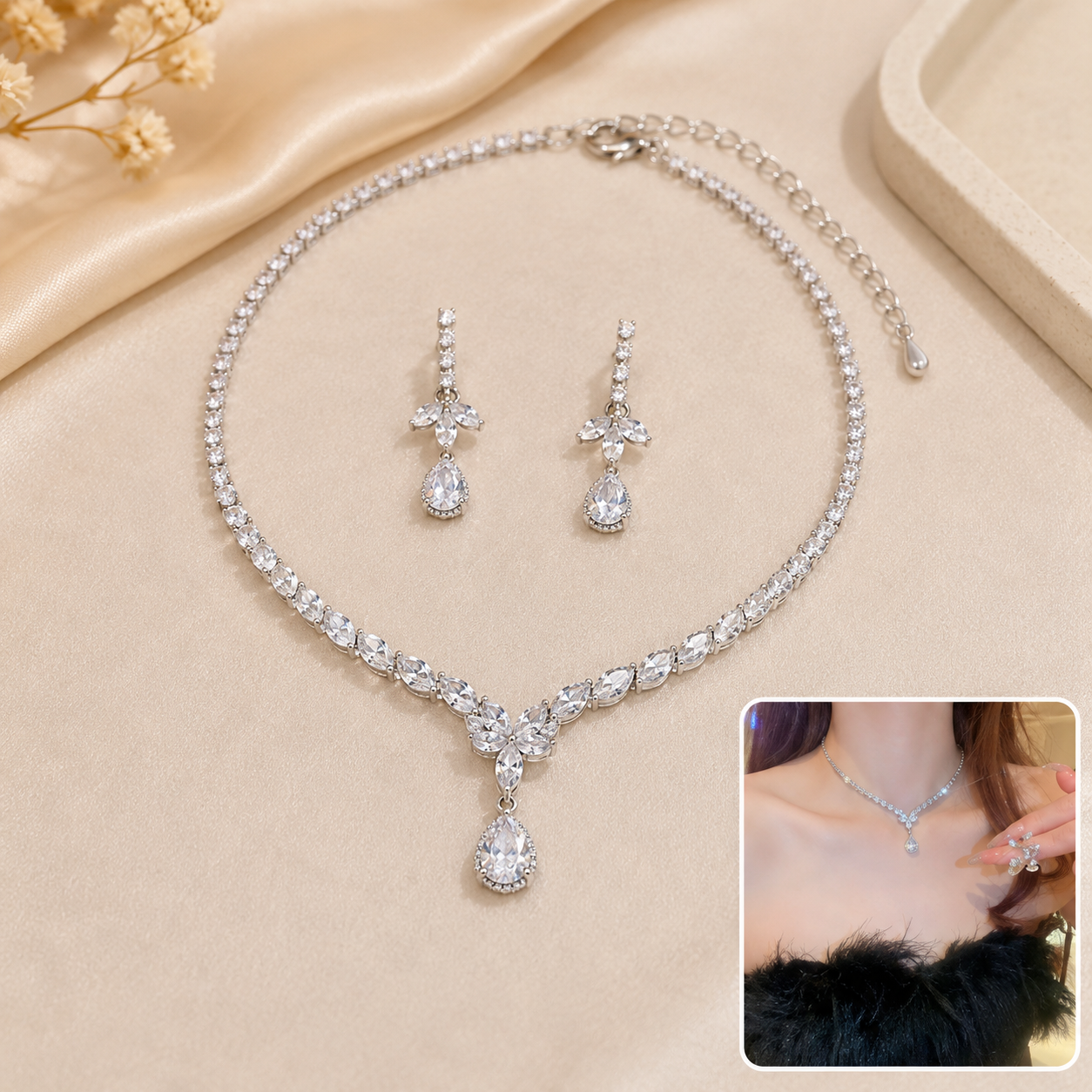 vs57 Silver Crystal Teardrop Necklace & Earring Combo Set