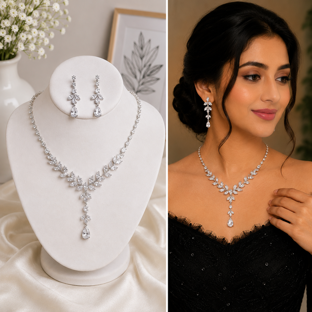 vs58 Silver Leaf Crystal Necklace & Earring Combo Set