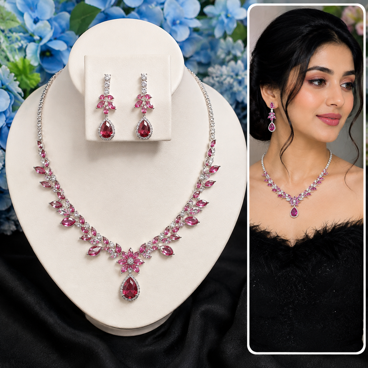vs60 Silver Pink Crystal Floral Necklace & Earring Combo Set
